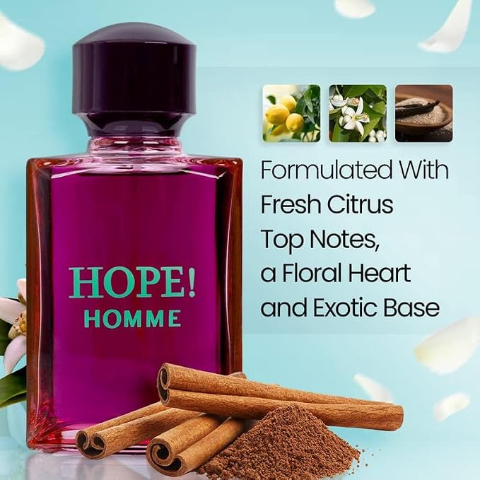 NovoGlow Hope Homme for Men - 100ml Eau De Parfum Spray for Men - Spicy Floral & Intense Fragrance, Warm Scent That Lasts All Day, Gift for Men for All Occasions