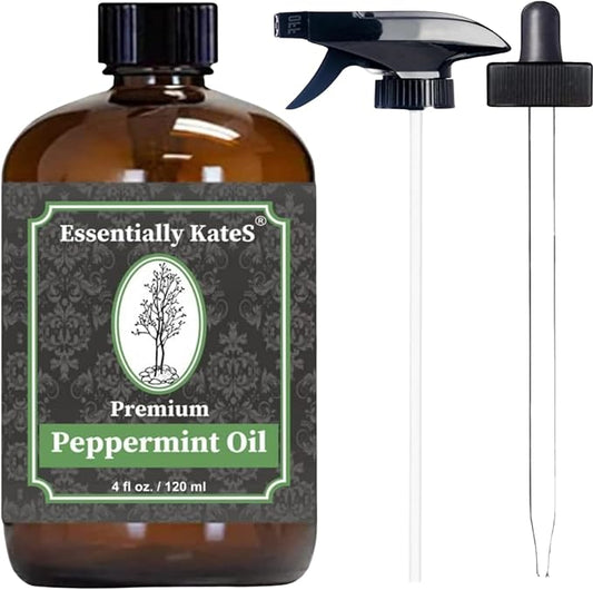 Peppermint Essential Oil 4 oz. with Huge Glass Bottle, Glass Dropper, and Sprayer. Detailed User's Guide E-Book. Skin Care, Garden Care, and Hair Care.