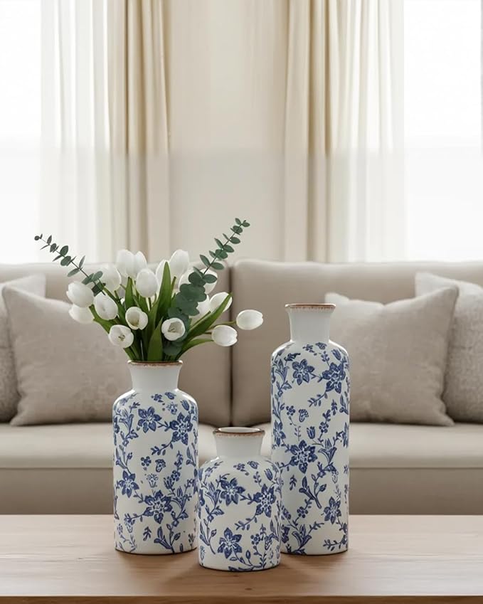 Blue and White Ceramic Vase Set of 3, Vintage Floral Vases for Home Decor | Crackle glaze and distressed rims for living room, mantel and table centerpieces