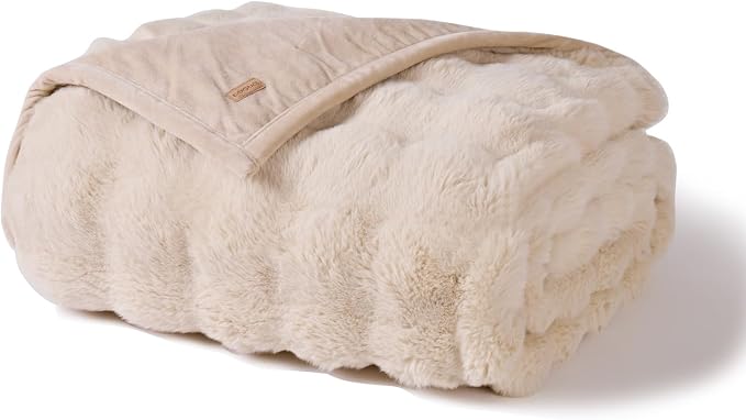 Faux Rabbit Fur Bubble Throw Blanket, 60"x80", Cream | Ultra Soft, Luxury Faux Rabbit Fur Throw, Thick Warm Bubble Blanket, Cozy Fluffy Reversible, for Bed, Couch, Chair, Sofa