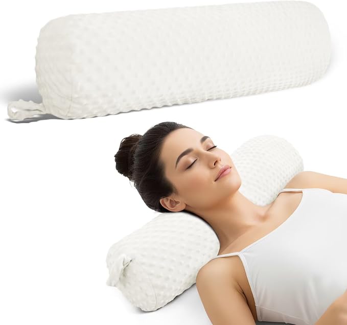 Cervical Neck Pillow for Sleeping Cream White 24IN*5.9 IN Round Bolster Decoration Pillows With Removable Washable Round Neck Support Cushion for Large Bolster Pillow for Bed, Legs, Back and Yoga