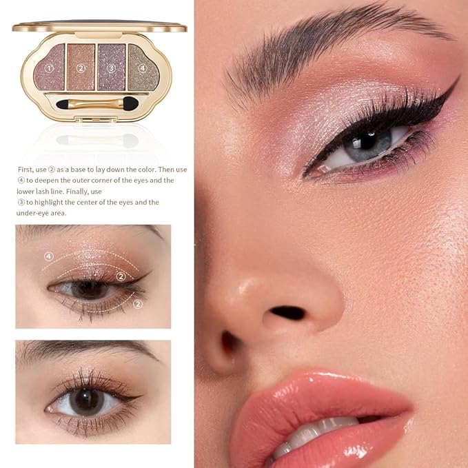 Neutral Shimmer Glitter Eyeshadow Makeup Palette – Rose Mauve, Copper Bronze, Lavender Silver & Champagne Taupe Metallic, High Pigment Blendable Cool-Toned Mini Eye Shadow Palette for Blue Green Eyes
