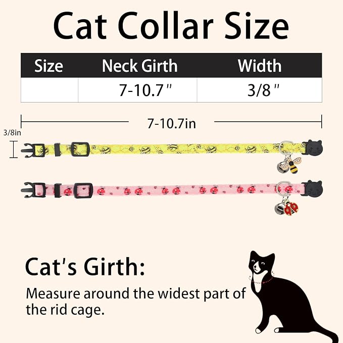 Cat Collar Breakaway, 2 Pack Cotton Kitten Collars with Bells and Removable Charms, Cute Bee and Ladybug Shaped for Indoor Boy, Girl and Adult Cats