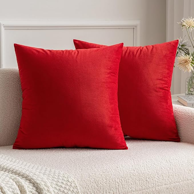 MIULEE 24x24 Inch Pack of 2 Euro Velvet Throw Pillow Covers Bright Red | Soft Solid Decorative Euro Sham, Modern Luxury Home Decor, for King Bed Sofa Couch Bedroom Livingroom