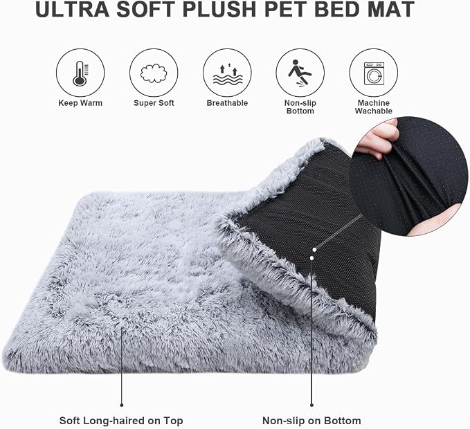 Small Dog Bed Crate Pad 24", Washable Puppy Beds, Plush Pet Mat Grey | Ultra Soft Cozy Sleeping, Machine Washable, Anti-Slip Bottom, Kennel Pad 24*18", Easy to Care, 25lbs