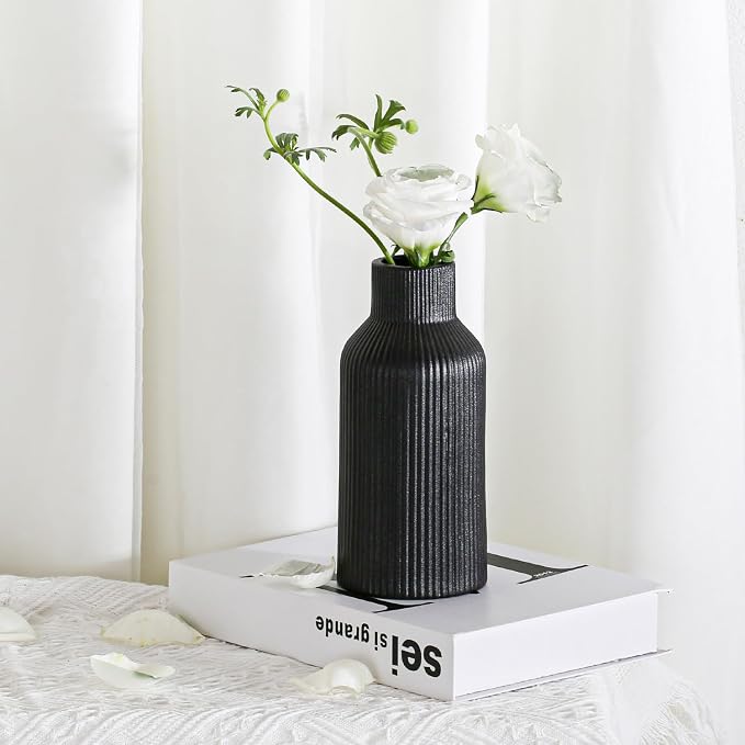 Bohemian Black Ceramic Vase - for Pampas Grass, Mantel, Bookshelf, Entryway and Living Room Decor (Black, 8in)