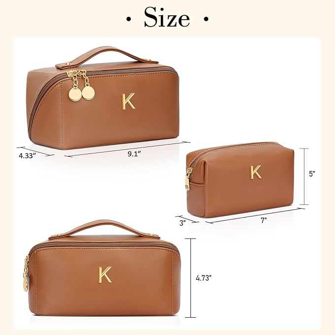 Birthday Gifts for Women Teen Girl, Personalized Initial Makeup Organizer Bag Set, Open Flat Travel Cosmetic Bag With Clear Divider and Handle(Brown,K)