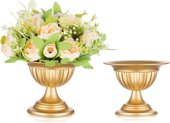 Sziqiqi Gold Metal Urn Vases for Flower, Compote Vase Table Centerpiece | 2Pcs, 5.1in, Small Vase for Wedding Decorations Plant Bowl, Flower Arrangement for Party, Birthday, Event, Home Decor