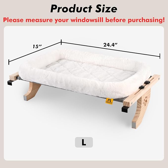 AMOSIJOY Wooden Cat Windowsill Perch with Zipper Cushion Bed, 24.4in | Sturdy Wood & Metal Frame Hold up to 40lbs, Machine Washable, Easy to Adjust, Hook-on Mounting Cat Hammock Seat for Large Cat