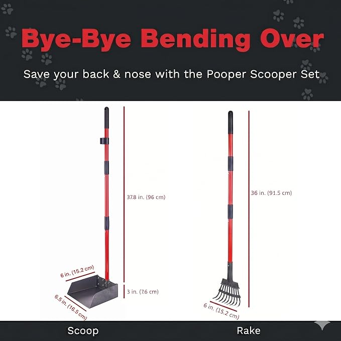 Pooper Scooper for Dogs with Long Handle Rake & Tray, Heavy Duty | Pawler Rustproof Aluminum Poop Scooper Set with 36+" Handles for Yard, Grass, Dirt & Gravel