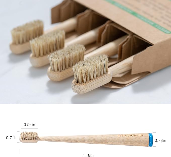 BlueForest Era 4 Pack Boar Bristles & Bamboo Toothbrush, Premium Natural Boar Bristle Toothbrushes for Adult, Plastic & Nylon Free, Fully Biodegradable Compostable Bamboo Tooth Brushes