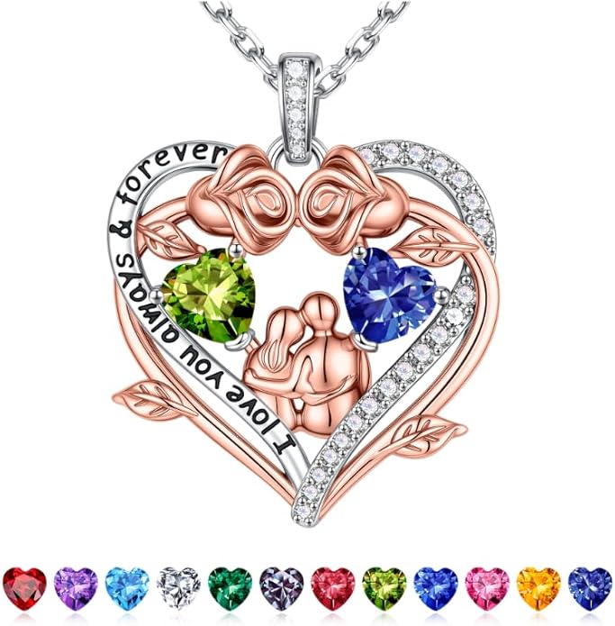 Iefil Valentines Gifts for Her Wife - 925 Sterling Silver Double Heart Birthstone Necklace, Anniversary Birthday Gifts for Women Wife Girlfriend