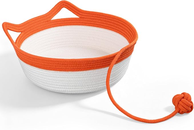 Cotton Rope Woven Cat Bed, Instinct Pet Basket with a Play Ball, Large | Foldable Cat Scratcher Basket for Indoor Cats, Puppies, Rabbits and Small Pets, Orange & White