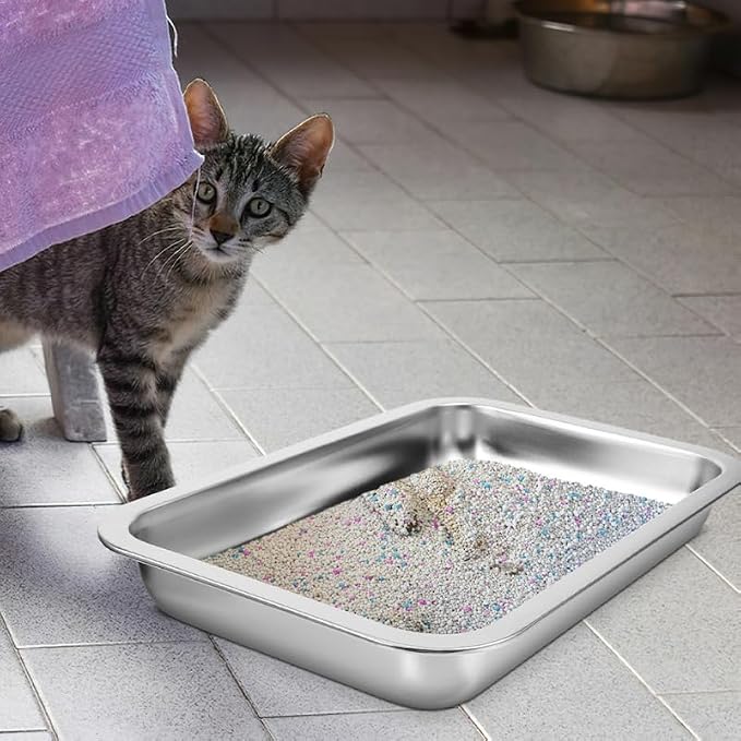 INOOMP Stainless Steel Cat Litter Box Open Design Large Metal Litter Pan Easy to Clean Portable Kitten Tray for Cats and Small Pets