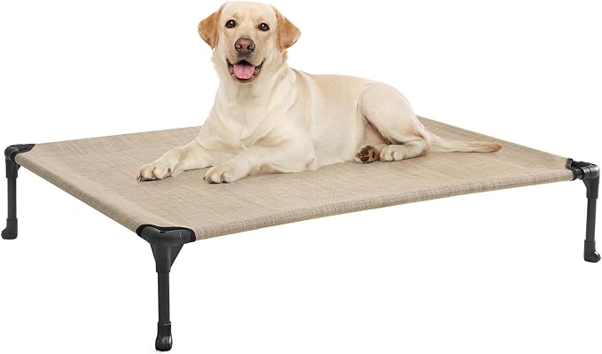 Veehoo Outdoor Elevated Dog Bed Large Sized Dogs, Cooling Raised Dog Cots | Off-ground training platform, portable camping hammock, breathable mesh, easy to clean, no-tool setup, 42"x30", Beige Coffee