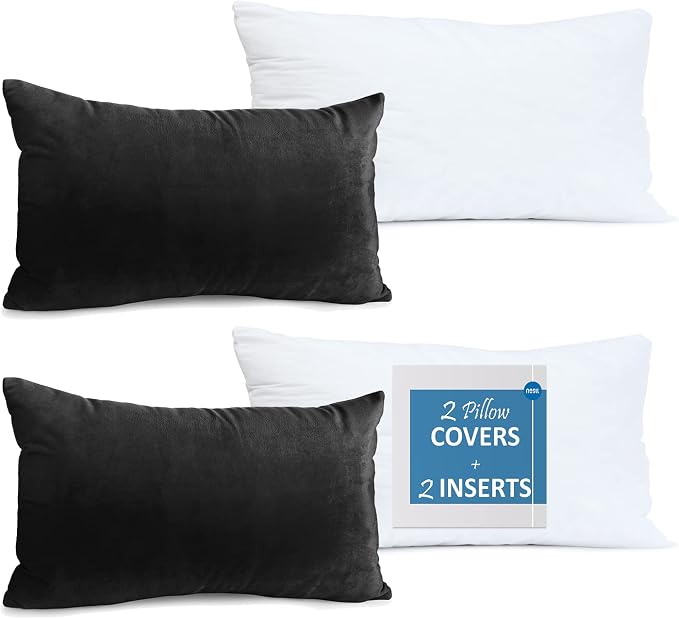 Nestl Throw Pillow Inserts Pack of 2 with Velvet Soft Solid Decorative Square Throw Pillow Covers Set for Sofa Couch Car Bedroom, 12X20 Throw Pillows Inserts with 12x18 Washable Cushion Covers, Black