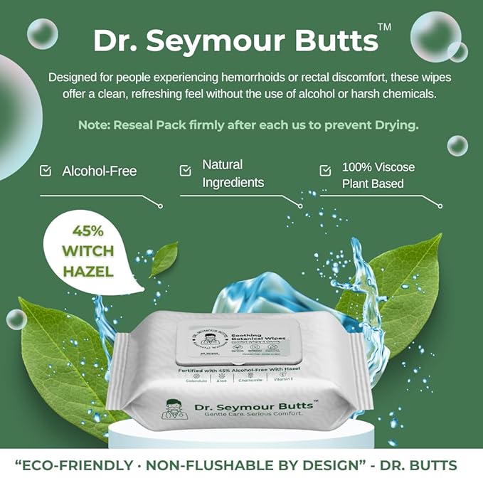 Hemorrhoid Care Wipes – 45% Witch Hazel, Aloe Vera, Vitamin E & Calendula | Alcohol-Free Soothing Cleansing Wipes for Gentle Comfort and Hygiene – 45 Count