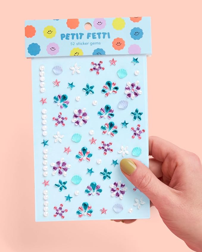 xo, Fetti Kids Face Gems, Mermaid Pink + Blue - 52 pcs. | Cute Seashell Face Stickers, Pearl Birthday Rhinestone Accessory, Under the Sea Decorations