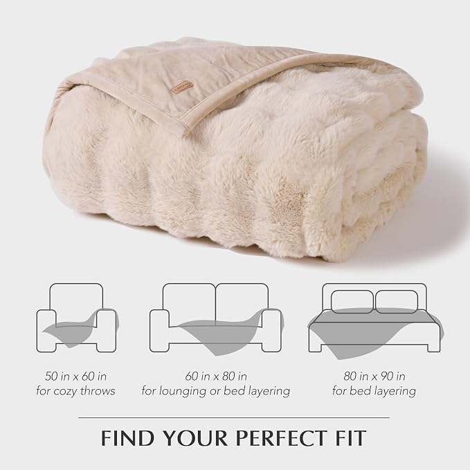 Faux Rabbit Fur Bubble Throw Blanket, 60"x80", Cream | Ultra Soft, Luxury Faux Rabbit Fur Throw, Thick Warm Bubble Blanket, Cozy Fluffy Reversible, for Bed, Couch, Chair, Sofa