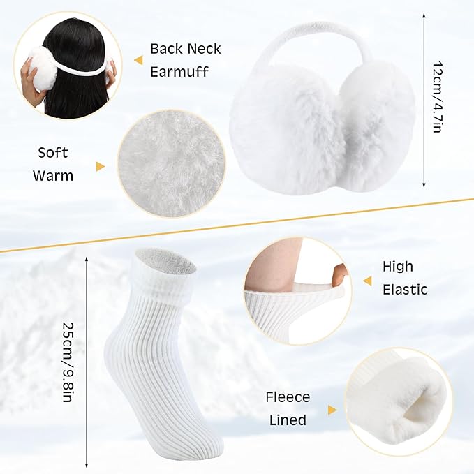 SATINIOR 5 Pcs Winter Beanie Hat Scarf Gloves Set Fleece Lined Knit Hat Warm Touch Screen Gloves Earmuff Warmer for Women(White,Fashion Style)