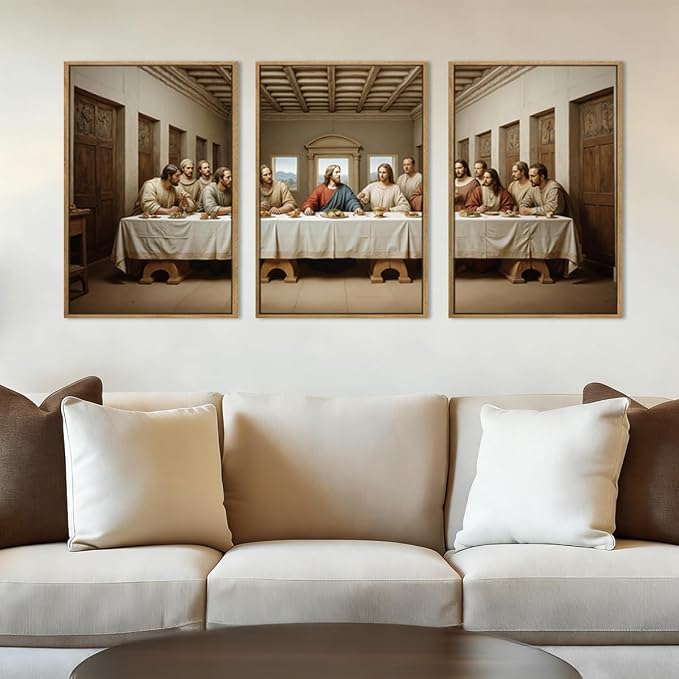 The Last Supper Canvas Wall Art Framed Christian Wall Decor 16x24 Inch Framed Jesus Religious Painting Modern Bible Pictures Set of 3 for Living Room Bedroom Hallway Office