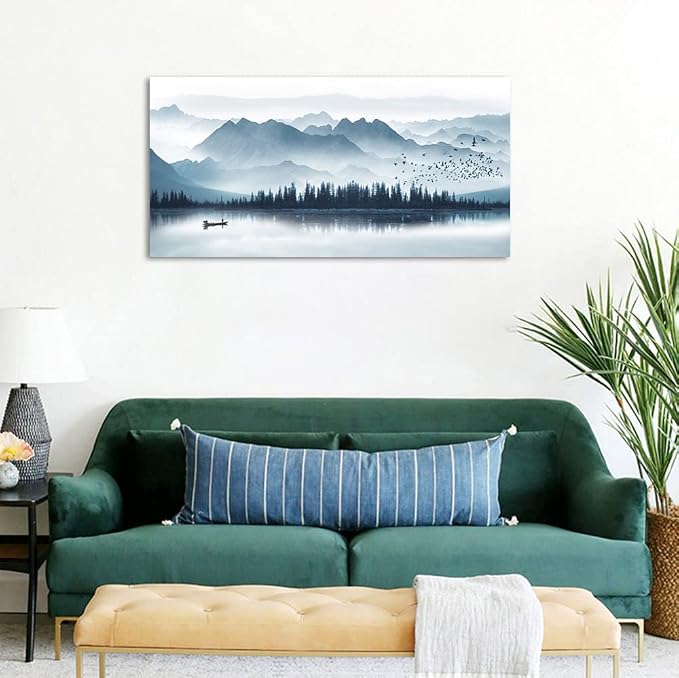 arteWOODS Indigo Canvas Wall Art - Misty Mountain & Foggy Lake Boat Painting - Grey Blue Forest Birds - 20" x 40" Canvas Wall Decor for Living Room