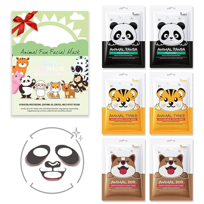 evpct 6-Pack Animal Sheet Face Facial Masks for Women Skincare Spa, Cute Facial Spa Day Slumber Sleepover Birthday Party Favors Supplies Kit, Natural Ingredients, Hydrate and Soothe for All Skin Types