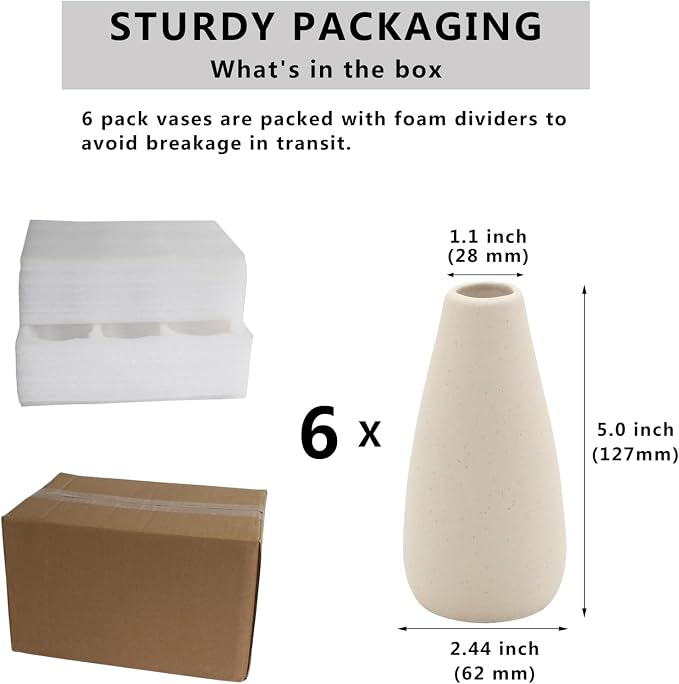 YANLING 6 Pack Modern Small Vase for Flowers, Light Yellow Ceramic Vases | for Pampas Grass, Boho Vases for Home Decor Table Shelf Office Bedroom