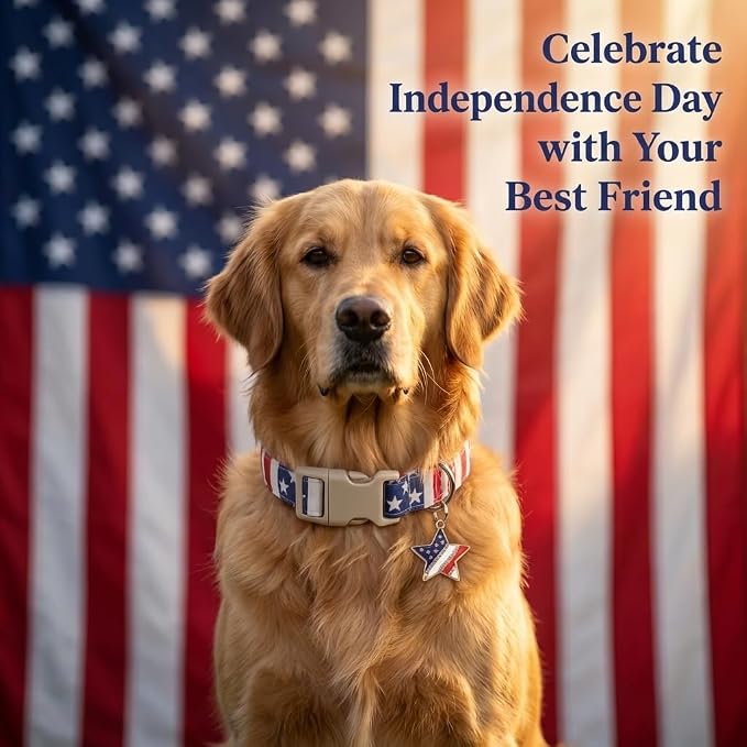 American Flag Dog Collar, Patriotic Dog Collar for Boys Girls Dog, Adjustable Puppy Collar with Star Pattern for 4th of July Occasion & Daily Walking, Fits Puppies and Small Breeds