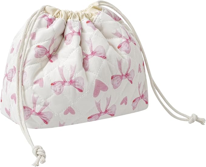 uekeboag Cotton Quilted Drawstring Makeup Bag with Canvas Lining,Coquette Aesthetic Cute Travel Toiletry Bag,Drawstring Gift Bag for Women and Girls（14Heart Bow）