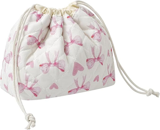 uekeboag Cotton Quilted Drawstring Makeup Bag with Canvas Lining,Coquette Aesthetic Cute Travel Toiletry Bag,Drawstring Gift Bag for Women and Girls（14Heart Bow）