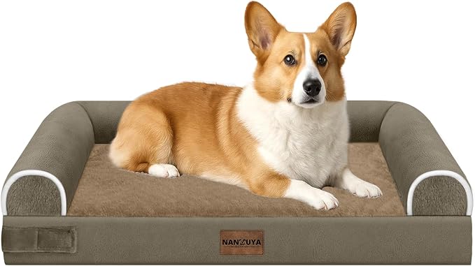 Orthopedic Dog Bed for Medium Dogs, 30 x 20 Inch, Brown | Egg crate foam for joint support, 3-sided bolster pet sofa, waterproof lining, washable cover, and non-skid base