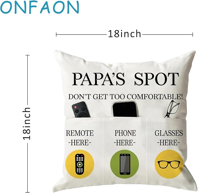 ONFAON Papa Gifts Throw Pillow Case, Papa's Spot Throw Pillow Covers 18 x 18 Inch,Put Phone Glasses and Remote Control Pillowcase,Birthday Christmas Thanksgiving Day Gifts for Papa Stepdad 3-Pocket