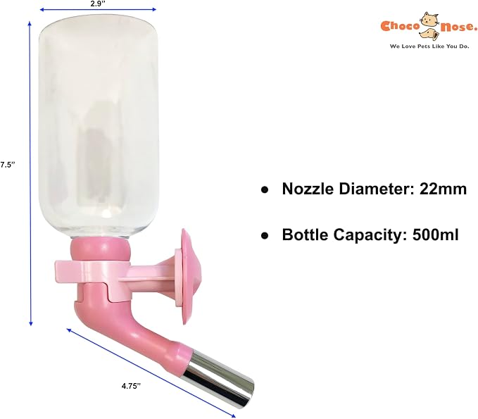 Choco Nose No-Drip Water Bottle for Large Dogs (Over 50 lb) – Leak-Proof Patented 22mm Nozzle Helps Prevent Mess & Spills, BPA Free Cage & Crate Mount Feeder for Kennels, 16.9 fl oz (C570)