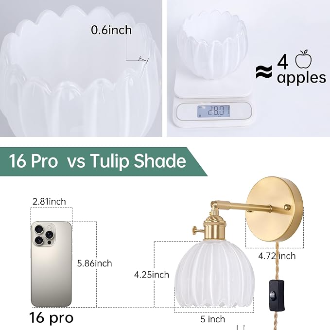 Shenmoyl Plug in Wall Sconce, White Tulip Glass Lampshade Wall Light Plugin Corded for Bedside Bedroom Doorway, 2 Pack