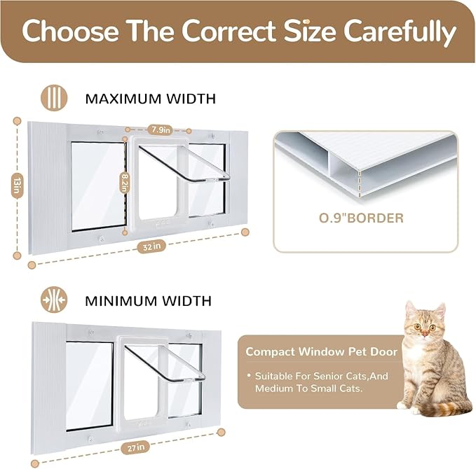 Cat Door for Window, 27"-32" Width