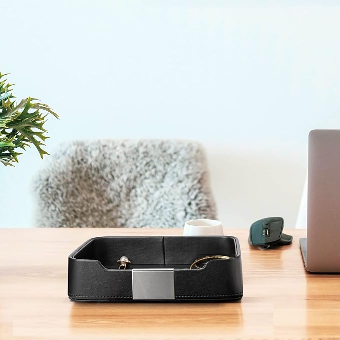 Leather Tray Organizer, Valet Tray Key Tray (Metal Silvered, Black) | Leather Catchall Tray for Entryway Table Desktop Storage, Decorative Tray for Jewelry Keys Wallet Phone Watch