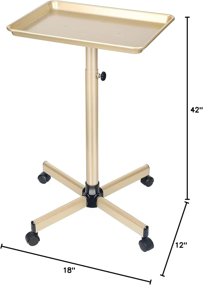 Salon Tray, Champagne Gold Salon Rolling Tray, Salon Service Tray Cart with Adjustable Height, Salon Tray on Wheels, Ideal Use As Tattoo Tray&Deantal Tray, No-Rusting