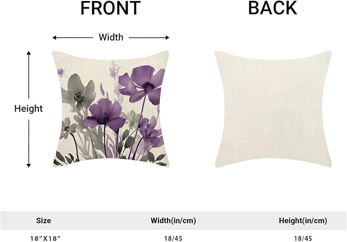 Spring Floral Pillow Covers 18x18 Inches Set of 2 Gray Purple Floral Throw Pillow Covers Outdoor Summer Flower Decoration Pillowcase Farmhouse Decorative Square Cushion Cover for Home Couch