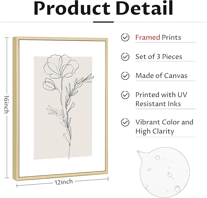 Neutral Botanical Prints Wall Art Flower Minimalist Canvas Wall Decor Vintage Line Wall Art Floral Plant Painting Pictures Beige Boho Artwork Farmhouse Poster for Bedroom 12x16 Inch Framed Set of 3
