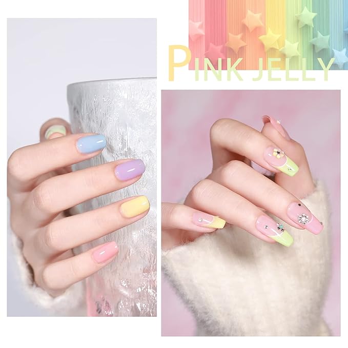 Jelly-Pastel Gel Nail Polish Set - 10 Pcs Pink Nude Gel Polish Set with Summer Yellow Blue Colors - DIY Soak Off Nail Lamp - Easter Decoration Gifts for Women - Manicure Kit
