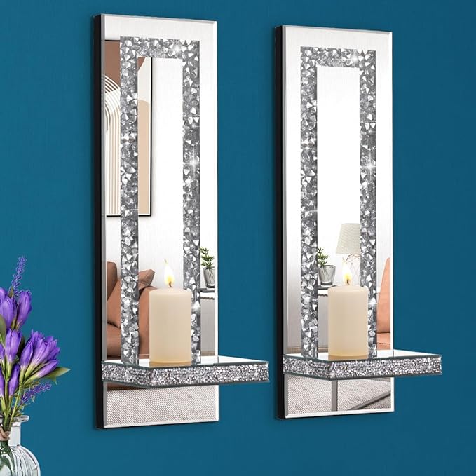 Mirrored Wall Candle Sconces Holder Set of 2, Wall Decor Living Room | Crystal Crushed Diamond Silver Wall Decorations, Ideal for Entryway, Hallway, Bedroom, Dining Room