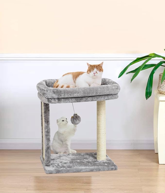 SYANDLVY Cat Tree with Scratching Post for Indoor Cats, Scratching Board with Perch, Cat Post Scratcher with 2 Dangling Balls, Great for Kittens, Grey | Cat Scratching Board with 2 Dangling Balls, Great for Kittens, Grey
