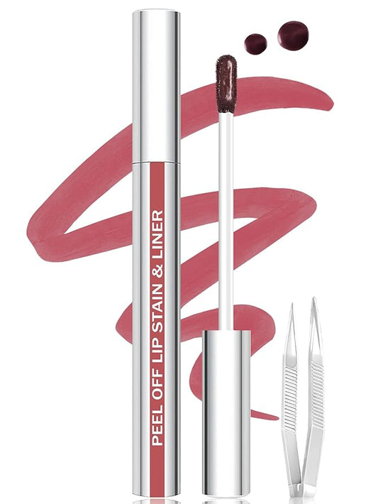 Lip Stain Peel Off Lip Liner Stain with Tweezer, Long Lasting Matte Lip Tint Tattoo, Highly Pigmented Color Lip Makeup, Waterproof Lipstick, Transfer-proof Lipstain for Women, Cool Rose