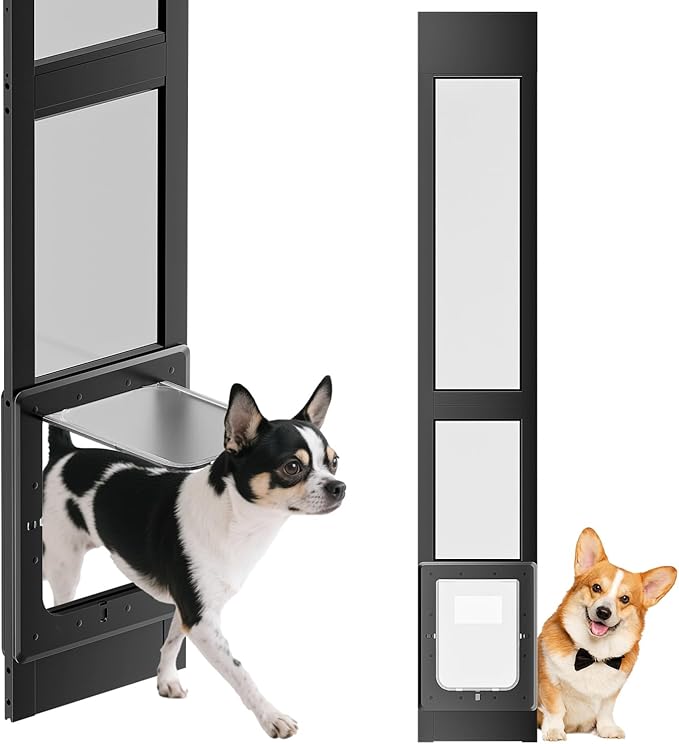 Dog Door for Sliding Glass Door, Magnetic Plastic Flap Sliding Door Pet Insert with Lock, Adjustable Height 74.2”-80.7”, No-Cut Installation for Patio Dog Access(Black L)