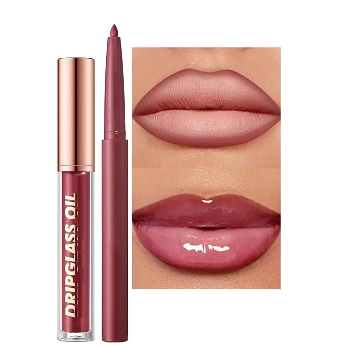 Dark Red Lip Liner Lip Gloss Set for Women, Waterproof Lip Kit with Lip Oil Lip Liner Pencil, Hydrating Long-Lasting Lipgloss Lip Pencil, High Pigment Non-Sticky lip liner Stain Lipliner (12#)
