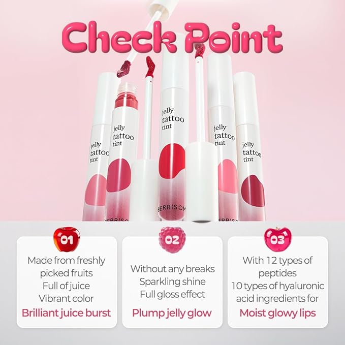 Berrisom Jelly Tattoo Tint, Long Lasting Korean Lip Stain with Jelly Texture, Transfer-Resistant Color, 3.8g / 0.13oz, 4 Shades (Strawberry)