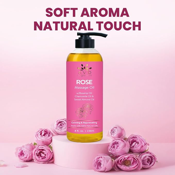 AVD Organics Rose Massage Oil 236 ML|Infused with Olive Sweet Almond and Jojoba Oil | Hydrating & Soothing | Made with Natural Ingredients | for Skin and Body|Ideal for Both Men and Women|8 fl oz