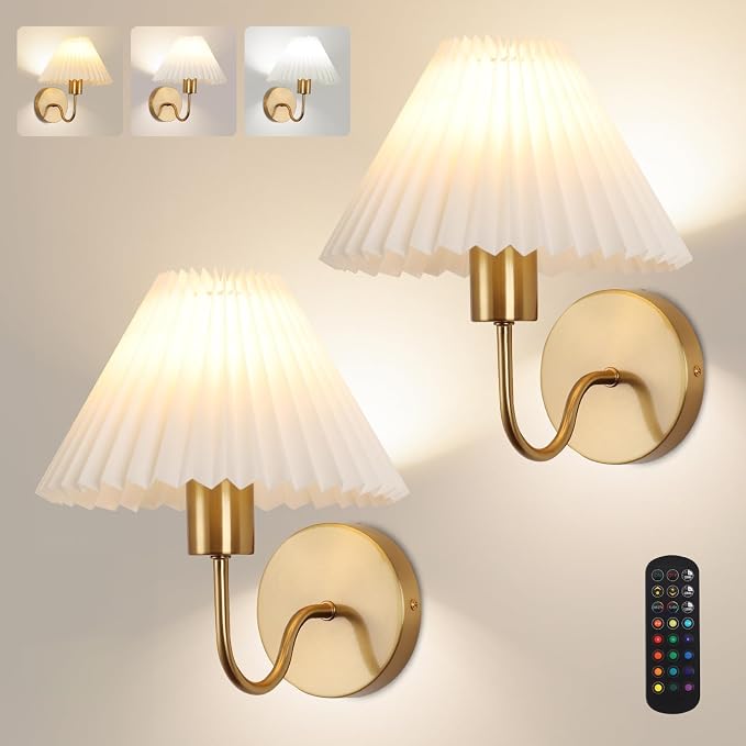Wireless Wall Sconce Sets of 2, Pleated Shades Rechargeable Battery Operated Wall Sconce, Retro gooseneck Gold Wall Lights Bathroom Vanity Sconces, Wall Mounted Lamps for Bedroom Living Room Kitchen