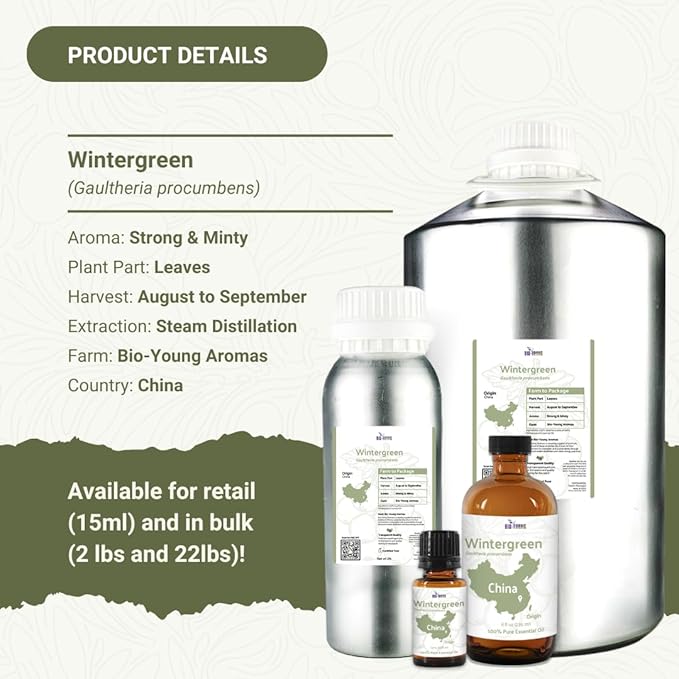 Wintergreen Essential Oil - Direct from Bio-Young Aromas China - Steam Distilled - Aceite de Gaulteria for Aromatherapy, Massage, Diffuser, DIY Candle and Soap Making - 15ml